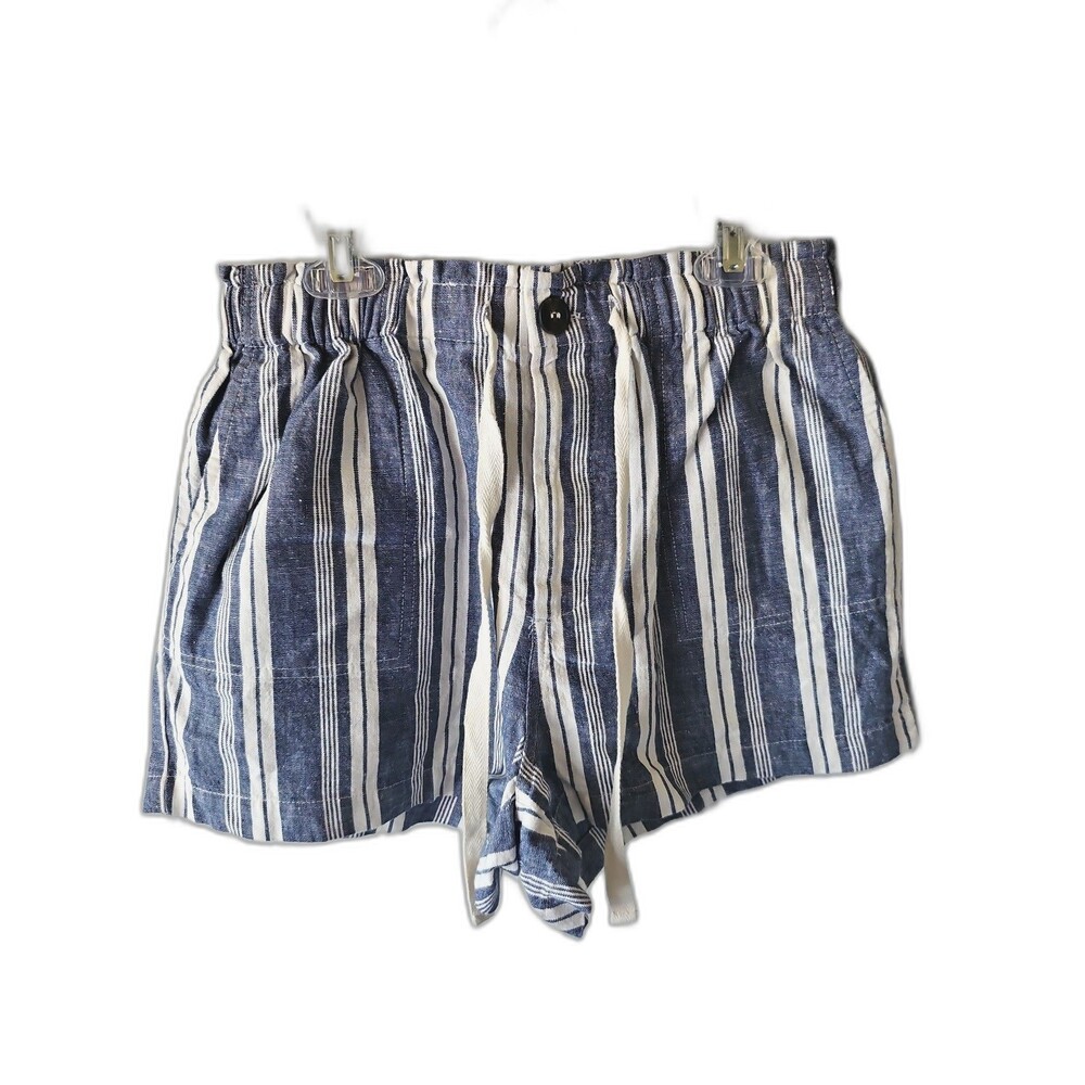 Forever 21 Size Small Drawstring Linen Striped Shorts Blue And White